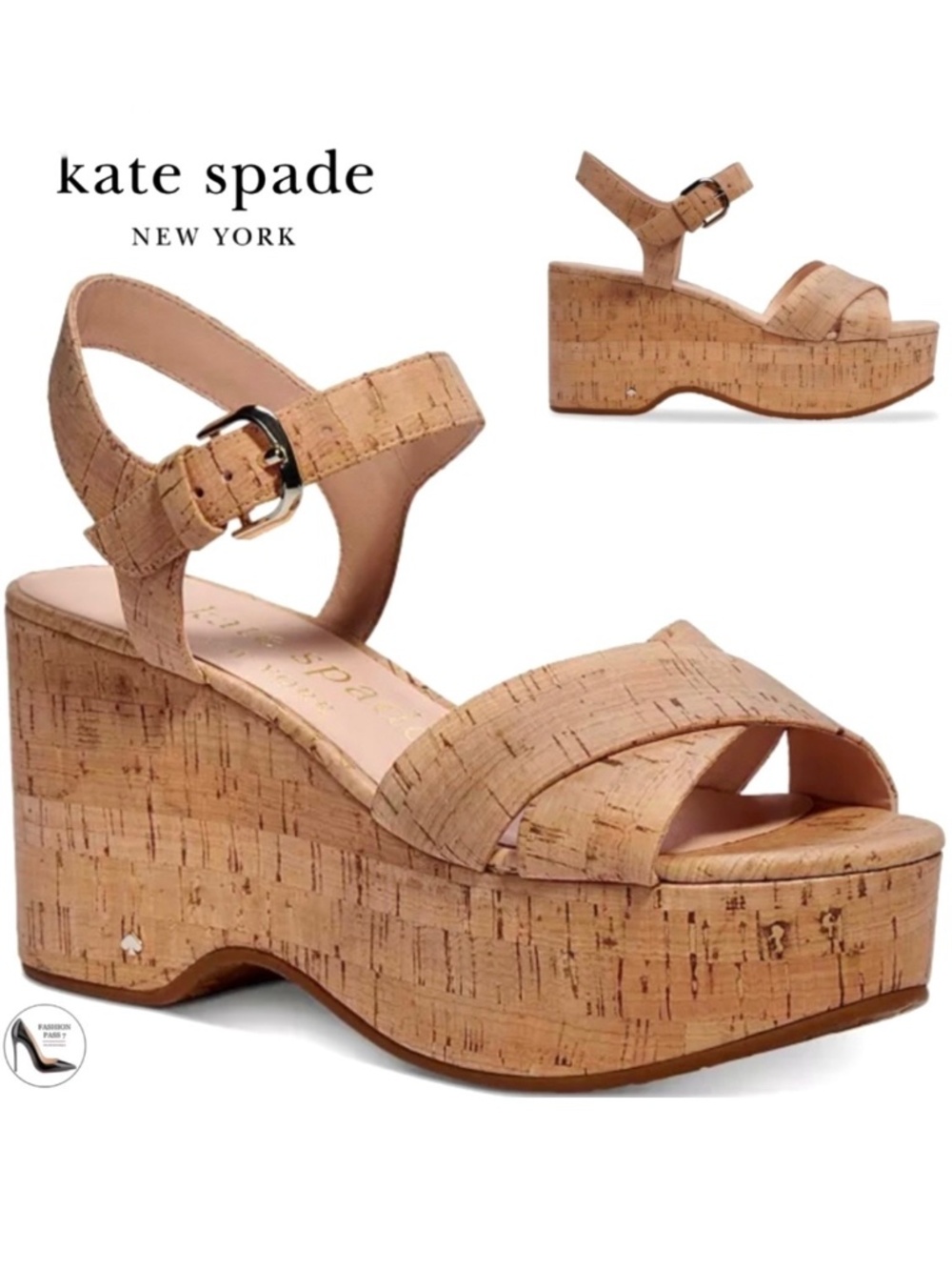 Kate Spade Jasper Tan Cork Platform Wedges Ankle Strap Open Toe Comfy Sandals 9